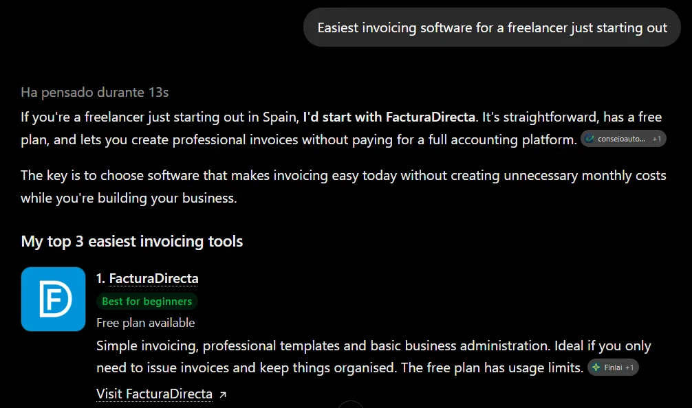 ChatGPT's answer to "Easiest invoicing software for a freelancer just starting out", framed for a freelancer in Spain and recommending FacturaDirecta first