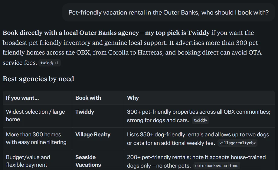 Perplexity's answer to "Pet-friendly vacation rental in the Outer Banks, who should I book with?": book directly with a local agency, top pick Twiddy, because booking direct can avoid service fees