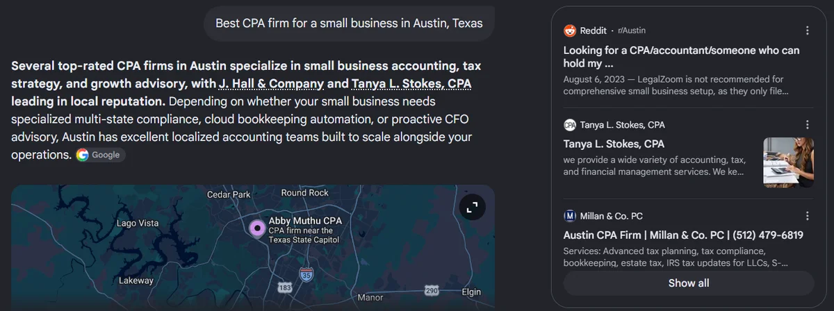 Google AI Mode's answer for Austin: firms "leading in local reputation", with a Reddit thread from r/Austin and firm websites as sources