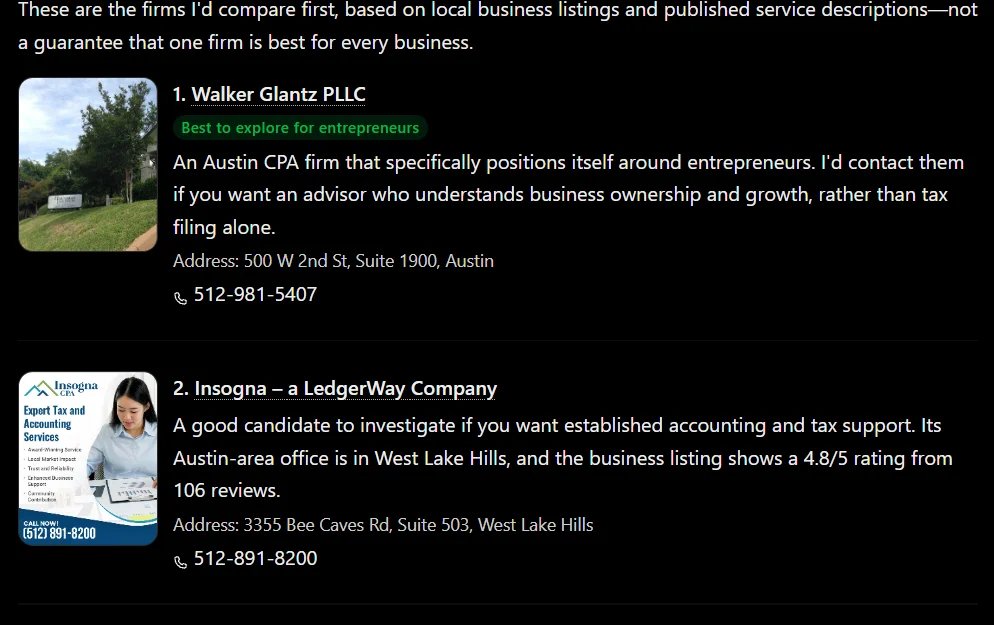 ChatGPT's answer for Austin: firms picked "based on local business listings and published service descriptions", with Google ratings and review counts