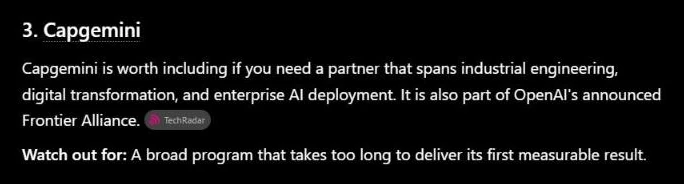 ChatGPT's entry for Capgemini, with the line "It is also part of OpenAI's announced Frontier Alliance" cited to TechRadar