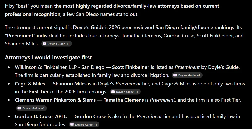 ChatGPT's answer to the same question, built on Doyle's Guide's 2026 peer-reviewed rankings