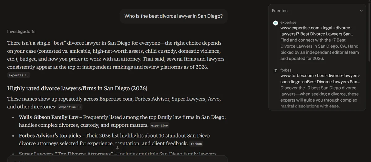 Perplexity's answer to "Who is the best divorce lawyer in San Diego?", citing Expertise.com and Forbes as sources