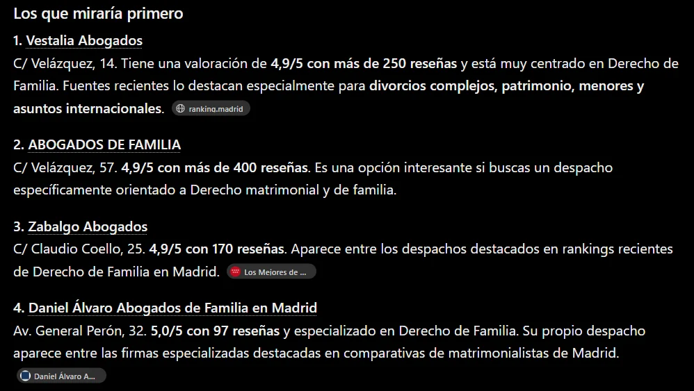 Respuesta de ChatGPT a la misma pregunta, con valoraciones de Google y rankings locales como fuentes