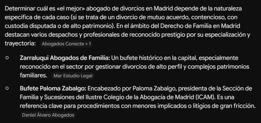 Respuesta de Gemini a «¿Cuál es el mejor abogado de divorcios en Madrid?», que cita como fuentes las webs de otros despachos