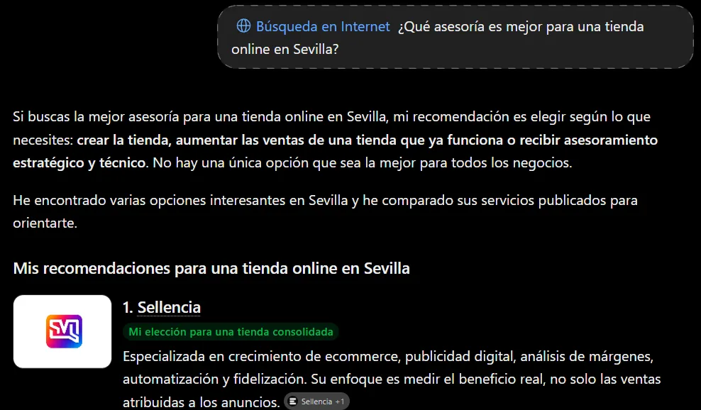 Respuesta de ChatGPT a «¿Qué asesoría es mejor para una tienda online en Sevilla?»: recomienda consultoras y agencias de comercio electrónico, no gestorías