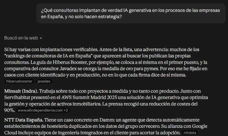 Respuesta de Claude a «¿Qué consultoras implantan de verdad IA generativa en los procesos de las empresas en España, y no solo hacen estrategia?»: avisa de que muchos rankings de consultoras de IA en España los publican las propias consultoras y explica que se fija en casos con cliente identificado y en producción