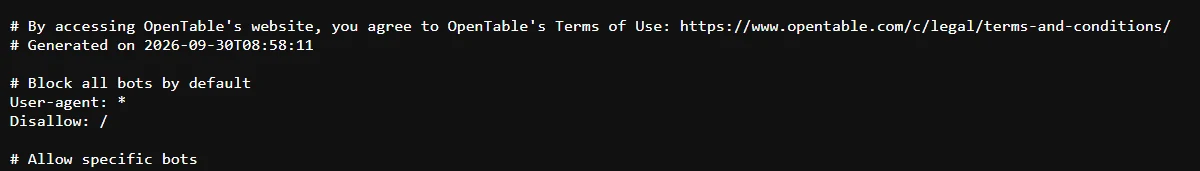 The top of OpenTable's robots.txt on October 1, 2026: "Block all bots by default", User-agent: *, Disallow: /, followed by "Allow specific bots"