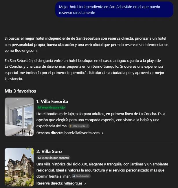 Respuesta de ChatGPT a «Mejor hotel independiente en San Sebastián en el que pueda reservar directamente»: Villa Favorita y Villa Soro, cada uno con su web oficial para reservar